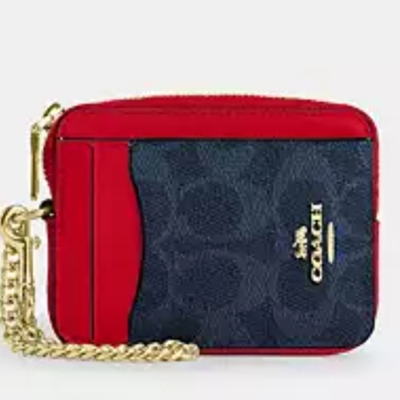 Coach Handbags - Coach Red and Blue Signature Card Holder With Chain